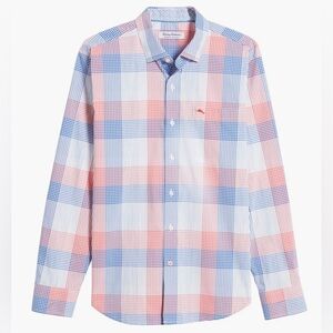 Tommy Bahama Sarasota Stretch Mens Large Plaid Button Down Shirt Red Blue